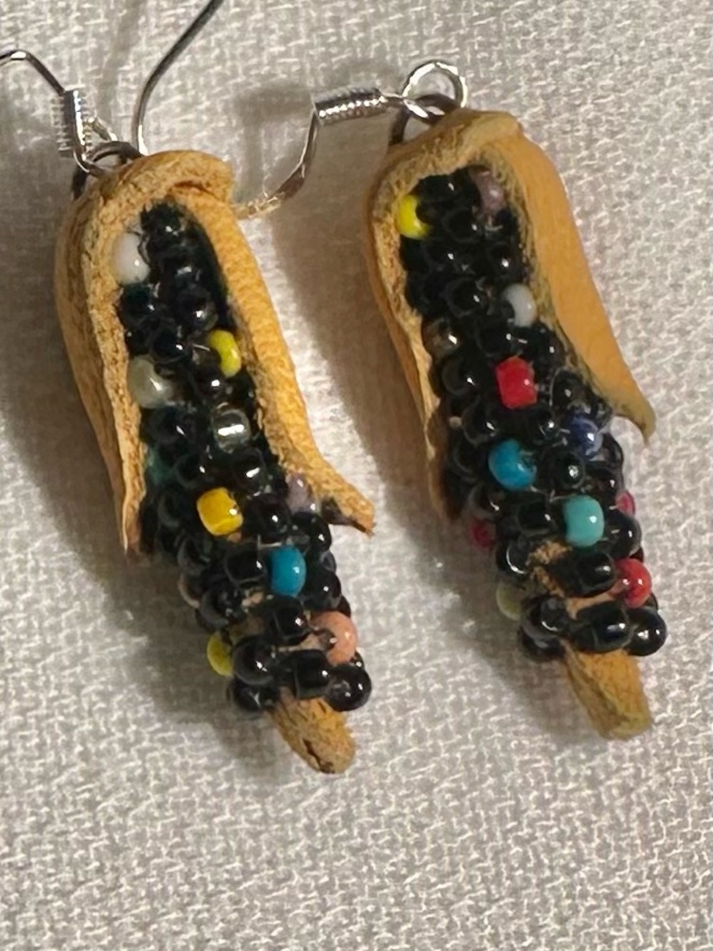 Handcrafted Corn Leather and Multi-color Seed Bead Dangle Earrings 1”